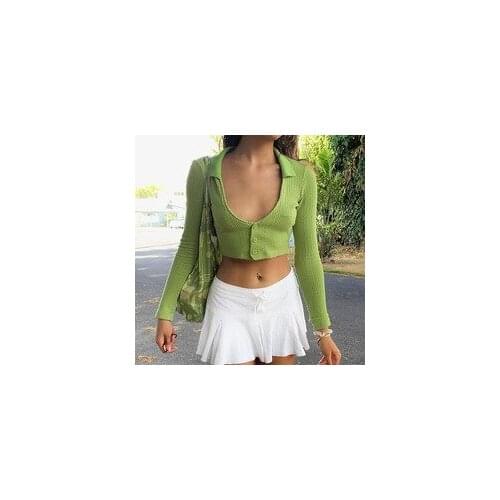 2021 New Womens Button Down Lapel Shirt Sexy Long Sleeve Solid Color Slim Fit Crop Tops