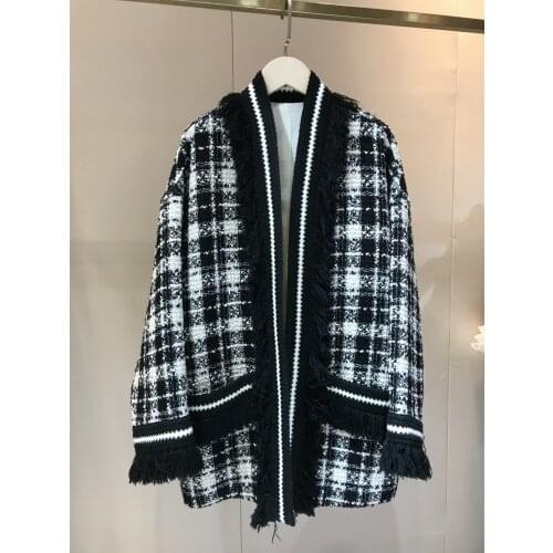 New Ladies High 2021 Quality Fashion Long Sleeve V-Neck Tassel Check Coat 1228