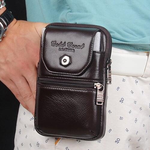 Genuine Leather Waist Pack Cell/Mobile Phone Case Cover Hip Bags for Men Pocket Real Cowhide Purse Hook Bum Belt Bag Fanny Pack