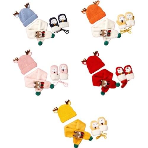 D0LF Winter Children Hat Scarf Gloves 3Piece Set Cute Antler Wool Feel Hat Cartoon Gloves Plush Bib Christmas Gift For Kids