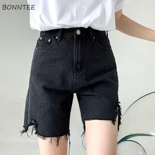 Shorts Women 2021 Summer Female High Waist Straight Trousers Ripped Denim Casual Fashion All-match Korean Style Vintage Tassel