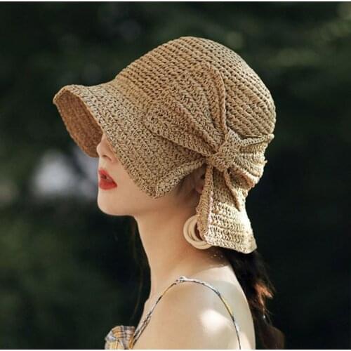 Ladies Personalized Bow-Knot Straw Hat Hollow Foldable Hand-Woven Temperament Literary Sunscreen Hat