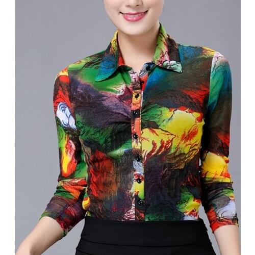 Spring Fall Casual Woman Female Colored Painted Mesh Long Sleeve Stretch Blouse , Floral 3XL 4XL Pattern Blouses For Women