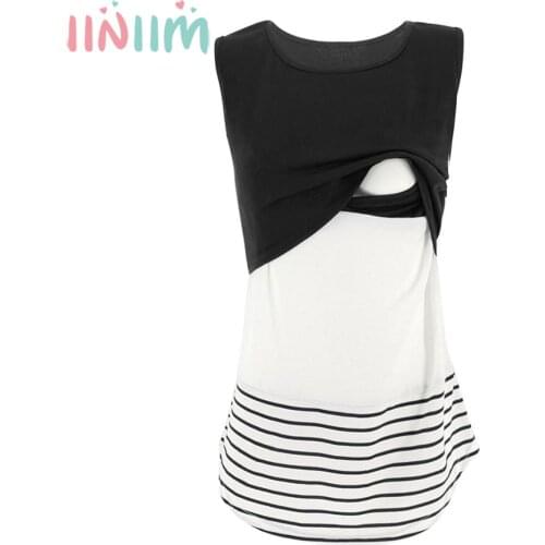 Womens Pregnant Plus Size Tees Maternity Striped Nursing Tops Breastfeeding Vest T-Shirt Pregnancy Sleeveless Casual Tank Tops