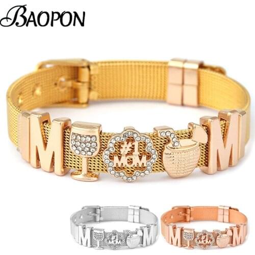 Gold Color Stainless Steel Strap Mesh Bracelets For Women Letter MOM Heart Beads Charm Keeper Bracelet & Bangle Mother Jewelry