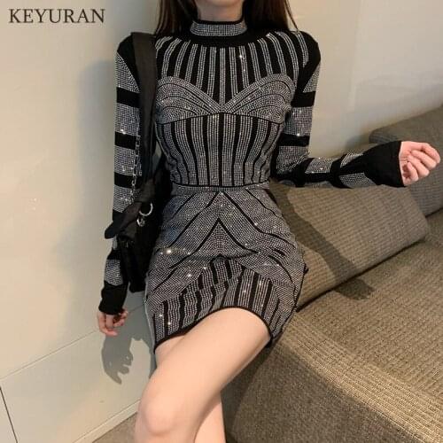 Korea Fall Winter 2 Piece Set Turtleneck Tshirt + Skirt Sexy Shiny Diamonds Women Chic European Clothes Long Sleeve Suit New