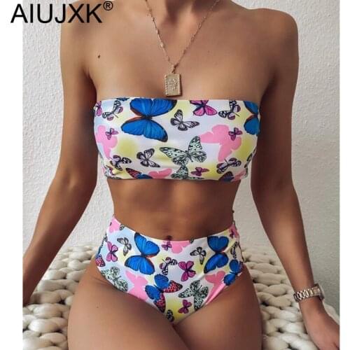 AIUJXK New 2020 Off Shoulder Butterfly Print Bathing Suit Women Sexy High Waist 2 Piece Swimsuit Summer Lingerie Bra And Panty