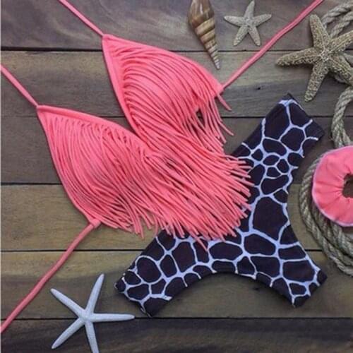 Ms. Xia Sexy Bikini Tassels Small FreshBohemia Leopard Fringe Solid Color Youth Shorts Swimsuit