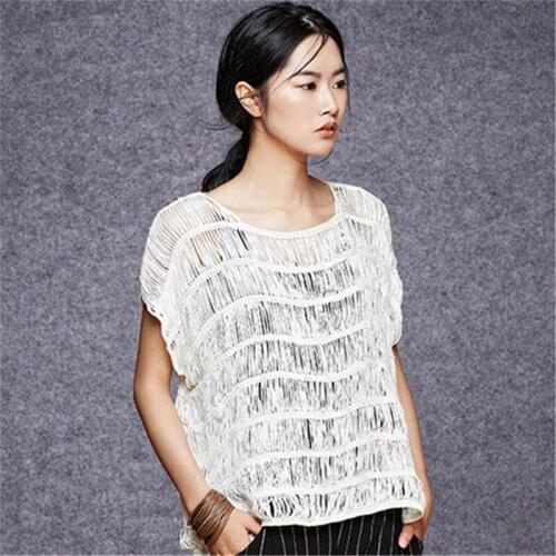 100% hand made pure cotton Oneck knit women fashion hollow out tassel solid short sleeve pullover sweater customized