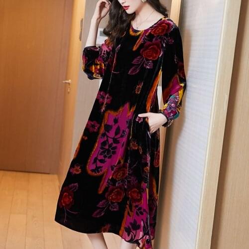 2021 Spring European Style Elegant Retro Bubble Sleeve Women Long Dresses Temperament Ironed Vintage Loose Print Dress 3xl