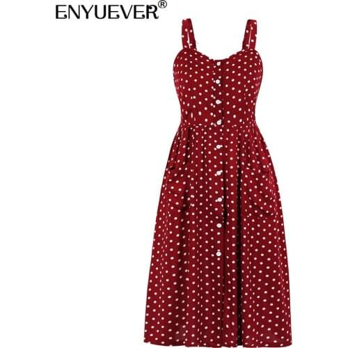 Enyuever Women Summer Dresses Casual Clothes Spaghetti Strap V Neck Polka Dot Print Button Up Dress With Pockets Sundresses