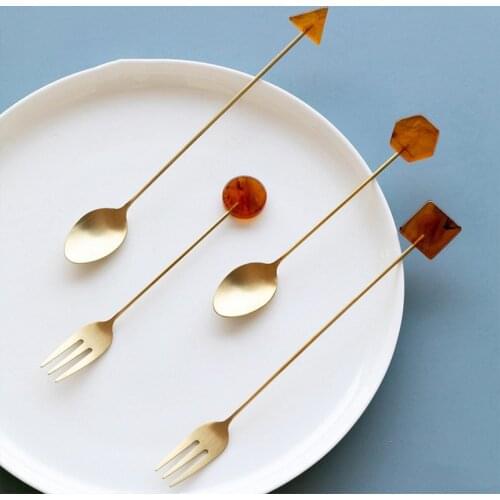 4Pcs Light Luxury 304 Stainless Steel Small Spoon Coffee Stirring Spoon Simple Acrylic Gold-plated Geometric Shape Dessert Spoon