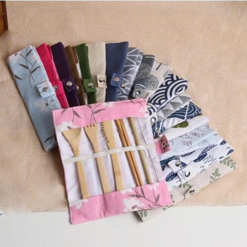 Bamboo Flatware Sets Spoon Fork Knives Chopsticks Straw Brush Sets with Cloth Bag Packing Wholesale Cutlery Set SN2939