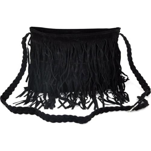 Boho Hippie Fringed Tassel Suede Shoulder Messenger X Body Hand bags Purses - Black