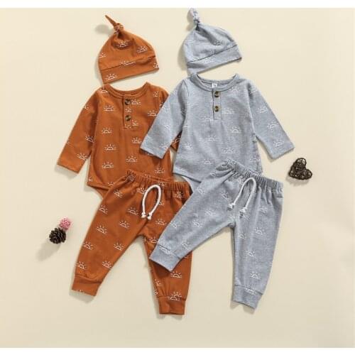 0-18M Baby Autumn Clothing Sets Newborn Infant Boys Girls Sun Print Button Boydusits+Long Pants+Hats Cotton Casual Outfits