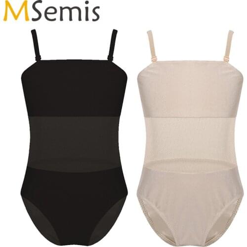 Kids Girls Ballet Leotard Swimsuit for Gymnastics Adjustable Shoulder Straps Mesh Splice Camisole Undergarment Leotard for Dance