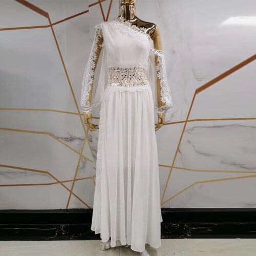 Long White Maxi 2021 Spring Summer Womens One of shoulderLace Flower Embrodiery Sequined Elegant Party Dress