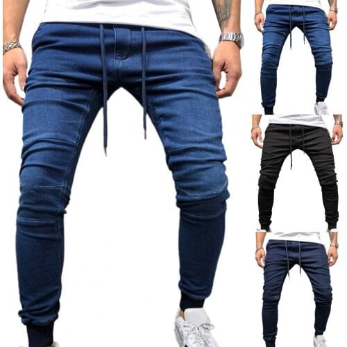 Men Jeans Denim Mid Waist Ankle Banded Pencil Jeans Trousers Skinny Jeans Stretch Ripped Pants Streetwear Mens Denim Jeans Blue