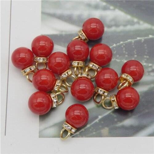 Julie Wang 20PCS 12mm Man-made Red Pearl Charms Alloy Cap With Rhinestone Pendants Bracelet Earrings Jewelry Making Accessory
