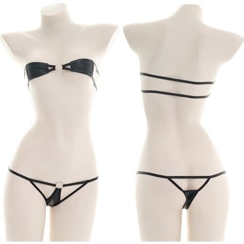 NEW Japanese Women Super Mini Leather Bikini Lace Up Underwear Set Cosplay Cool Girl Black Punk Metal Ring Private Pajamas Suit