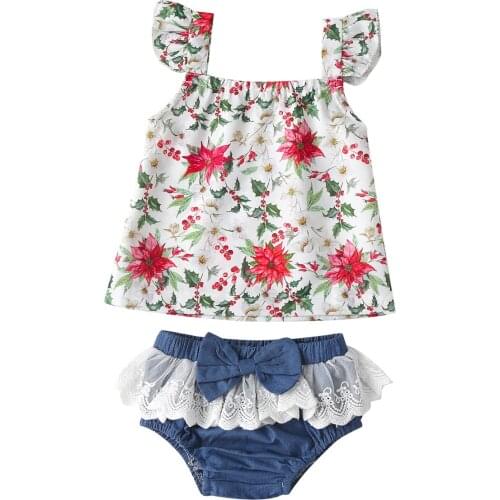 2pcs Baby Girl Clothes Set Girl Clothes Summer Sleeveless Floral Print Top + With Lace Bow Short Baby Suit Newborn Girl Clothing