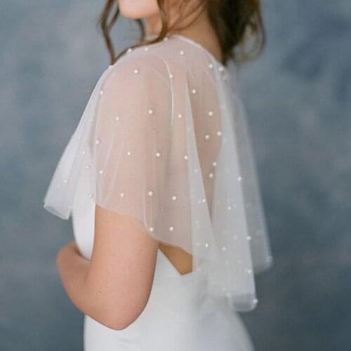 Short Front Long Back Wedding Capelet Shawl Elegant Pearls wedding Bridal Cape Cloak Shawl Cover over the Shoulder