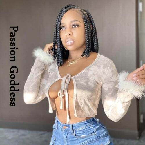 Cute Women Tie Dye Feather Cropped Shirt with Fur Long Sleeve V Neck Wrap Shirts Kawaii Bandage Open Tshirt Lace Up Feathers Tee