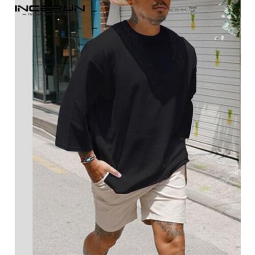 INCERUN Fashion Men Casual T Shirt Plain Cotton 3/4 Sleeve Crew Neck 2021 Baggy T-shirts Hombre Streetwear Camiseta Plus Size