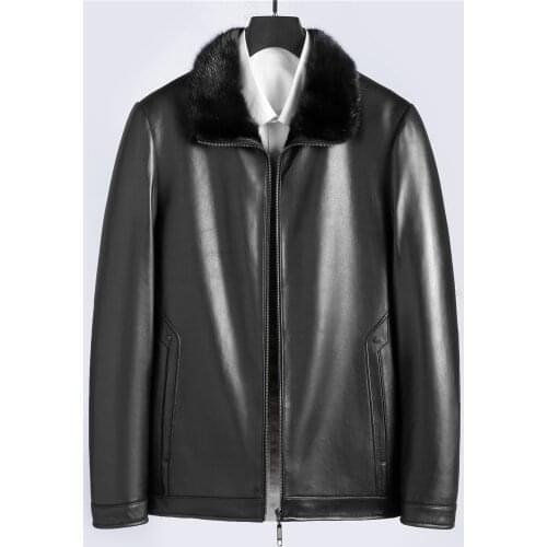 Promote Men Forma Mink Fur Lined Genuine Sheepskin Leather Shell Mink Fur Collar Real Fur Jacket