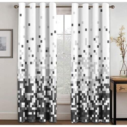 Home Grommet curtains Living Room Bedroom Decoration Black Silk Cloth Curtains and White Pixel Block Pattern Printing