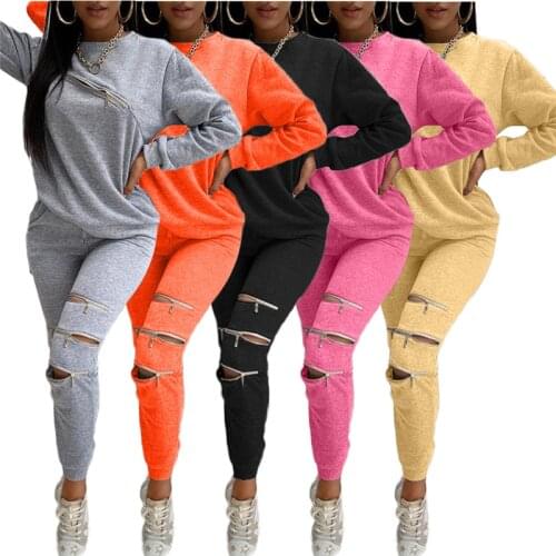 Autumn Winter Tracksuit Women Two Piece Set Zipper Up Holes Pullover Sweatshirt and Pants Sport Jogger Suit Female Casual Outfit