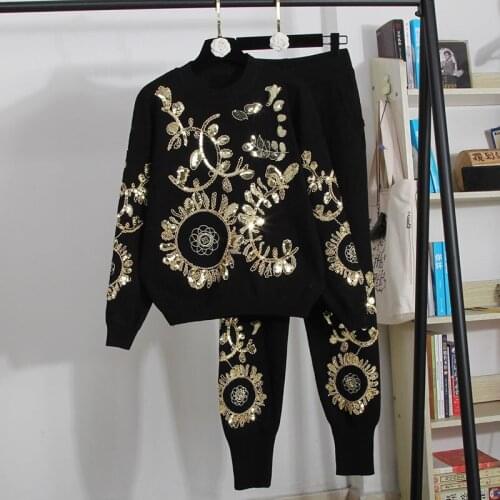 Red Black White Knitted Tracksuits Set Women Autumn Fashion Sequins Flowers Sweater Pencil Pants Outfits Female Loose Knit Suit