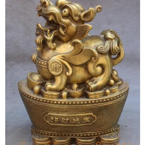 Folk Chinese FengShui Brass Wealth Kylin PiXiu Lion Unicorn Sit Yuanbao Statue