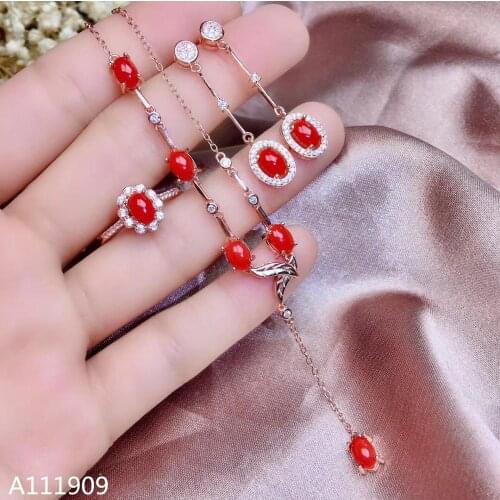 KJJEAXCMY boutique jewelry 925 sterling silver inlaid Natural Red Coral gemstone Necklace Ring Earring Suit Support Detection