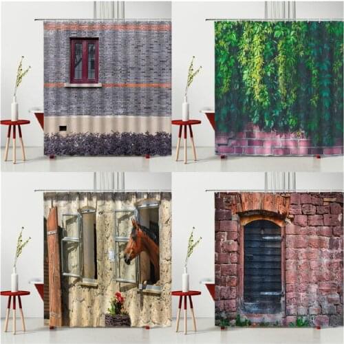 Green Plants European Style Retro Shower Curtain Stone Brick Wall Cloth Curtain Bathtub Decoration Polyester Fabric With Hooks
