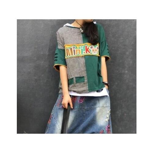 Spring Summer T-shirt Women Retro Loose Panelled Pullovers New Tops O-Neck Short Sleeve Embroidery Letter Casual T-shirt