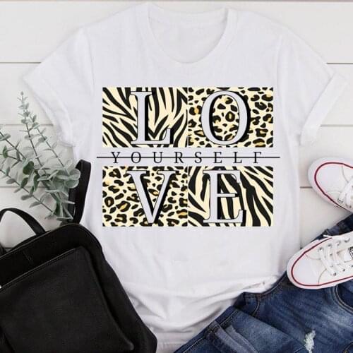 Women Clothes Cartoon Letter Printing Love Heart Leopard Summer Print Fashion Tshirt Female Short Sleeve Tee Top Graphic T-shirt
