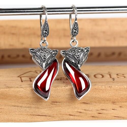 Vintage Fox Real Silver Earrings Red Garnet Long Tibetan 925 Sterling Silver Earrings Engagement Wedding S925 Earrings for Women