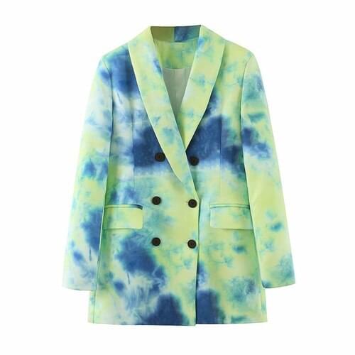 2021 New Slim Casual Tie Dye Printed Female Blazer Tie-Dye Loose Casual Jacket Double Breasted Buttons OL Streetwear