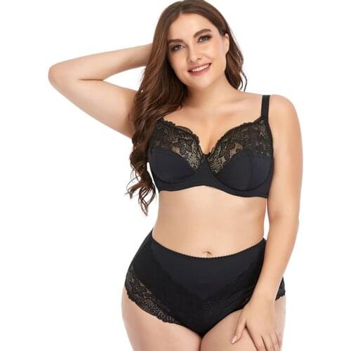 Plus Large Size Women Bra And Briefs Set Underwire Lace Seamless Unlined Underwear With Mid-Rise Knickers Lingerie Brassiere