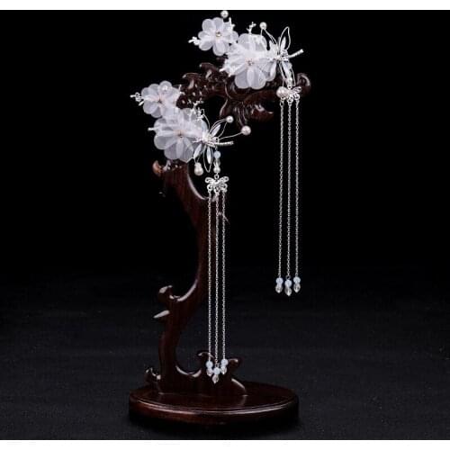 Women Chinese Style Ancient Costume Headwear Ladies Retro Dragonfly Butterfly Hair Clip Simulation Pearl Tassel Flower Hairwear