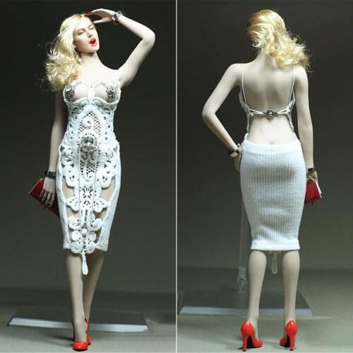 1/6 Scale Female White Diamond Pattern Lace Hollow Out Midi Dress Sexy Backless Skirt for 12 inch Action Figure Model Body