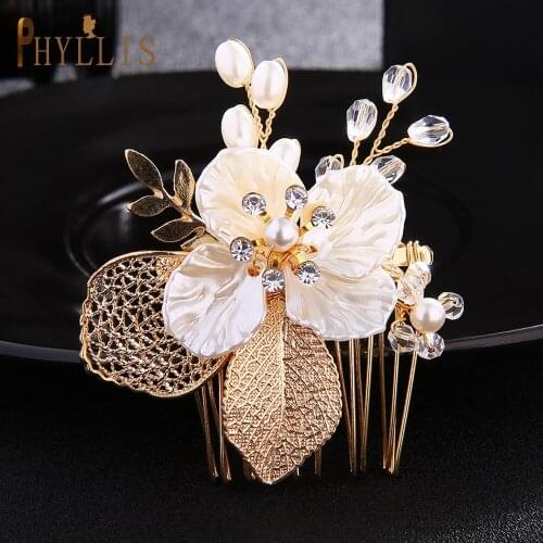 A279 Golden Wedding Hair Comb Flower Bridal Headpiece Hair Clip Pearl Wedding Hair Accessories for Brides Headwear Headdress