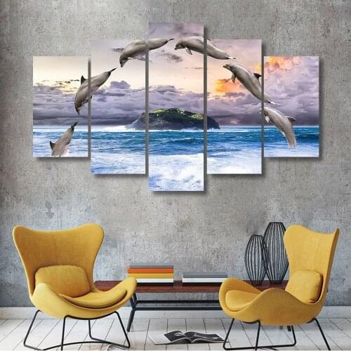 Promotion High Quality 5 Panels HD Printed Dolphin Painting Canvas Print Room decor print poster Picture Canvas Wall art