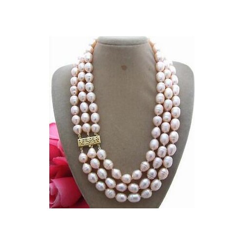 Free shipping 3 Rows 9-10mm natural Australian south sea gold pink pearl necklace 17"-19"14KGP