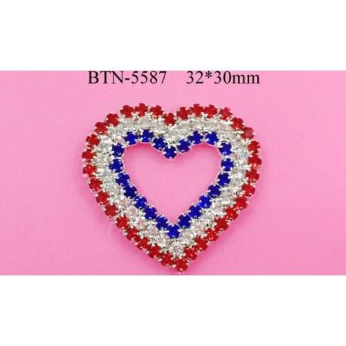 Free shipping 32*30mm july 4th heart red/white/blue rhinestone button for DIY 10PCS/LOT(BTN-5587)