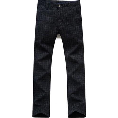 Pants Men Autumn Winter Plaid Pocket Long Slim Trousers Office Dress Pants