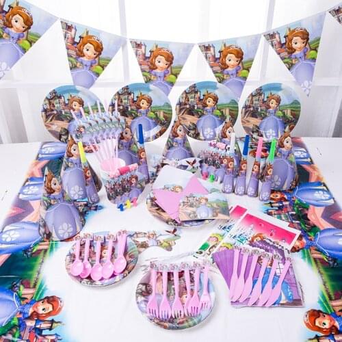 Disney Cartoon Sofia Princess Disposable Paper Cups Plates Napkins Banner Tablecloth Baby Shower Birthday Party Decor Supplies