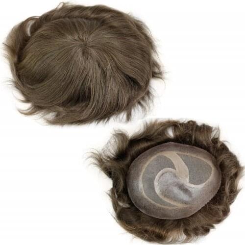 European Virgin Human Hair Toupee for Men 10x8inch Mono Lace with PU Around Slight Wavy Mens Hairpiece Replacement System #7