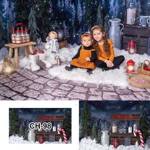 Christmas Photography Backdrop Girl Baby Studio Portrait Background Winter Forest Wood Cart Hot Cocoa Bar Coffee Photoshoot